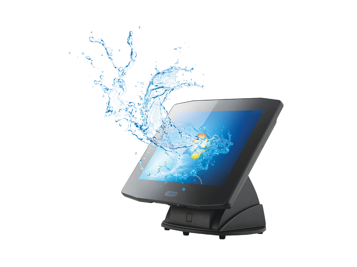 A point-of-sale touchscreen computer with water splashing on the screen.