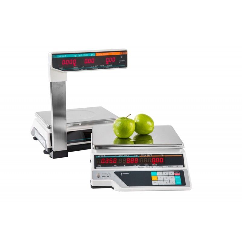 Two digital food scales with green apples on the lower one.