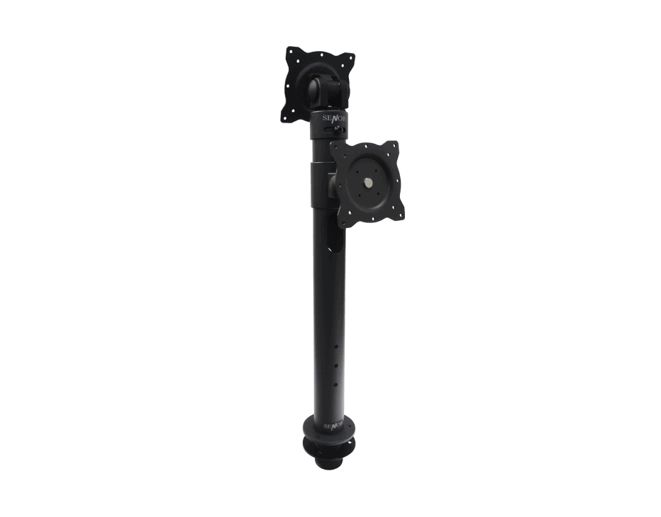Black dual monitor stand, adjustable height, with two mounting plates.