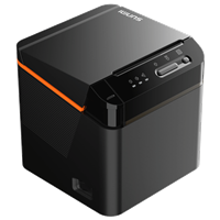 Black and orange thermal printer with control buttons on top.