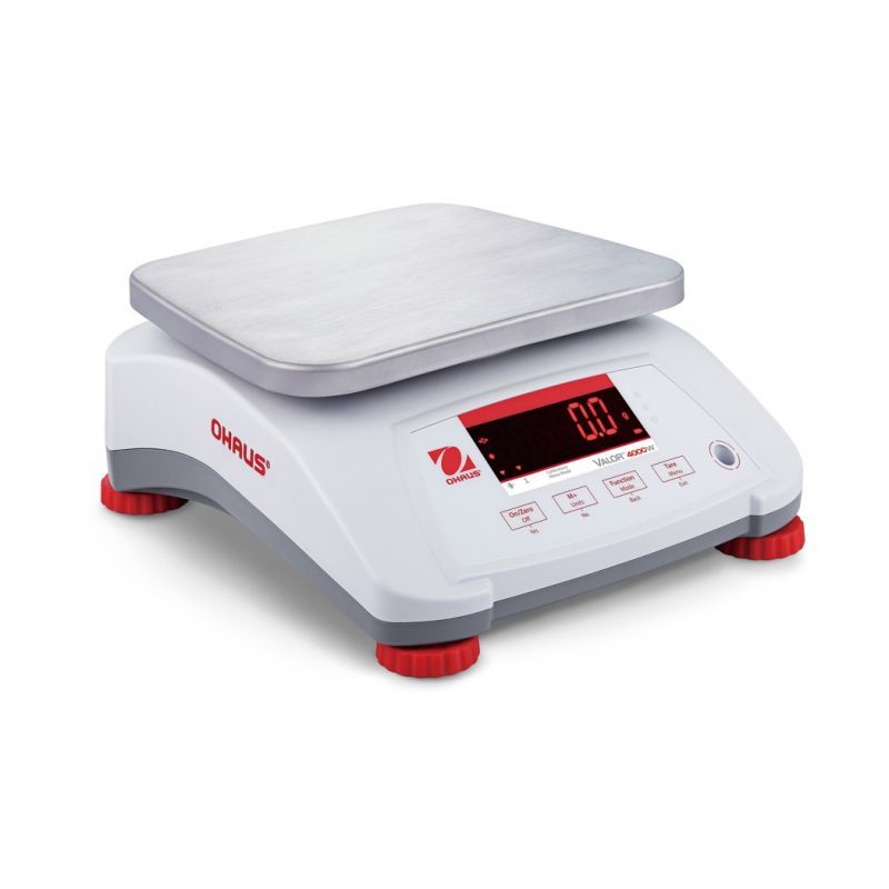 A white and gray Ohaus digital scale with a stainless steel weighing platform and a red display.
