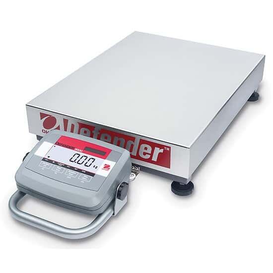 Stainless steel industrial scale with a digital display, displaying 0.00.