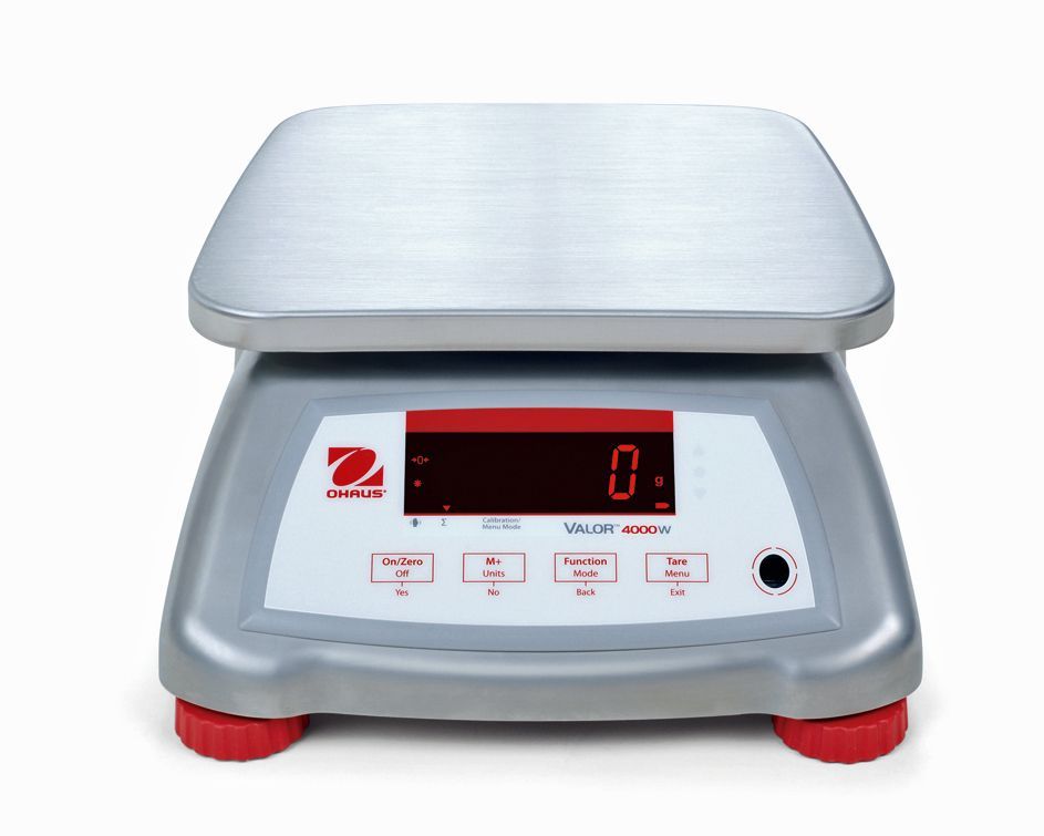 Digital scale with silver weighing platform, red display, and gray base.
