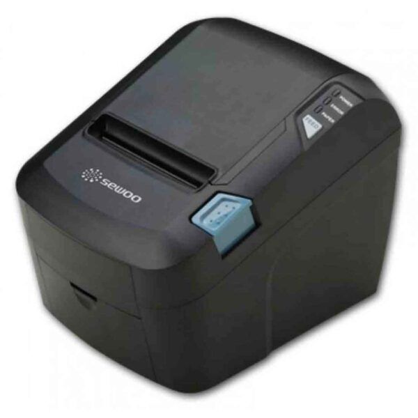 Black and gray Sewoo thermal receipt printer with a blue power button and status lights.