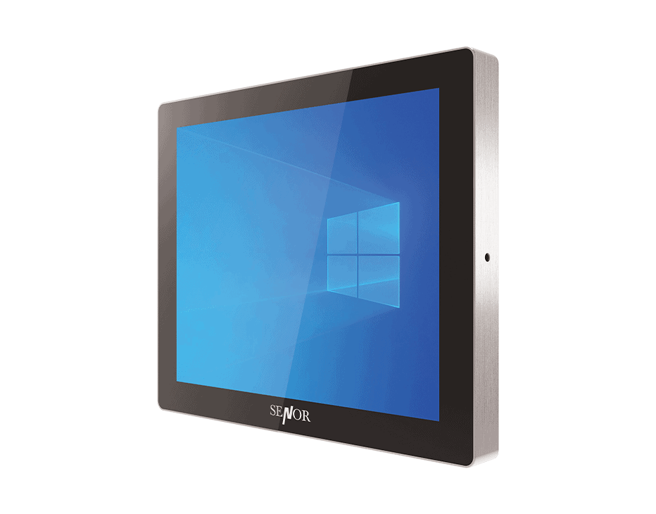 A wall-mounted touchscreen device displaying the Windows logo on a blue background.