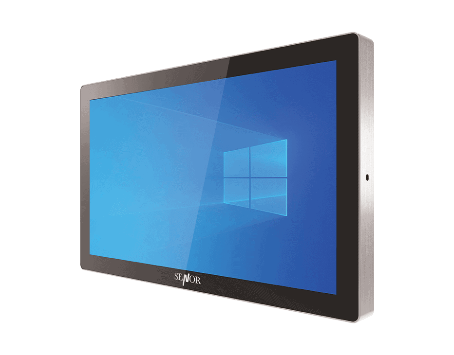 A mounted, touchscreen computer displaying the Windows logo on a blue background.