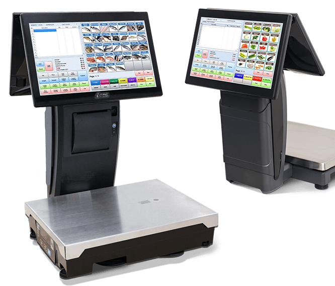 Two black and silver digital scales with touchscreen displays, likely for weighing and pricing items in a store.