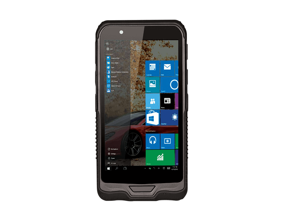 Rugged smartphone with Windows interface, showing app icons and a car image as background.