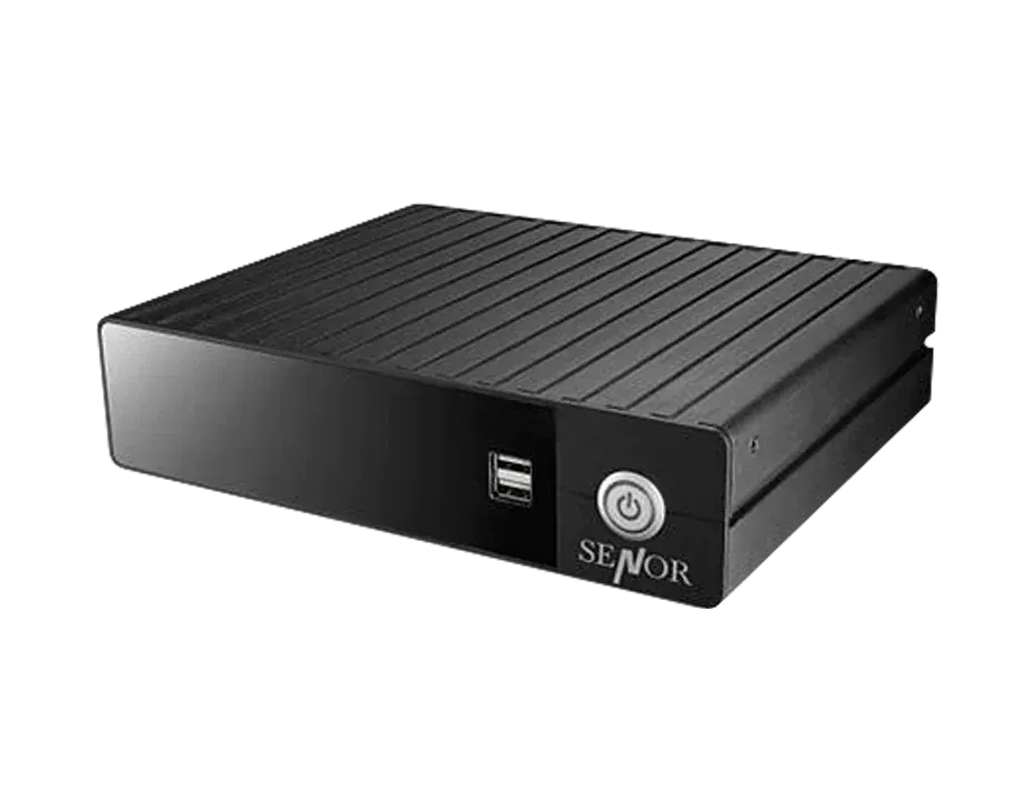 Black Senor external hard drive with power button and USB port.