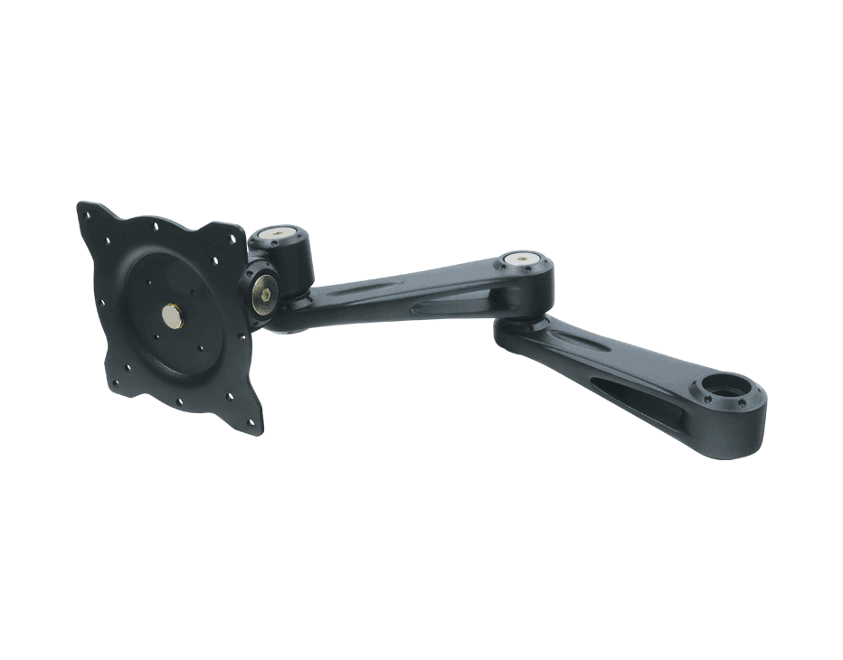 Black articulating monitor arm, attached to a square plate and pivoting arm.