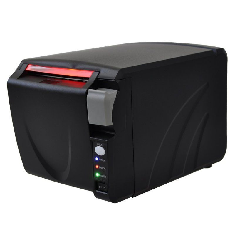 Black ID card printer with a gray handle, power button, and status lights.