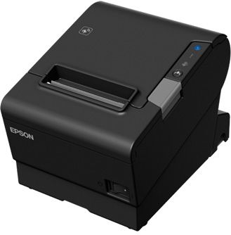 Black Epson thermal receipt printer.