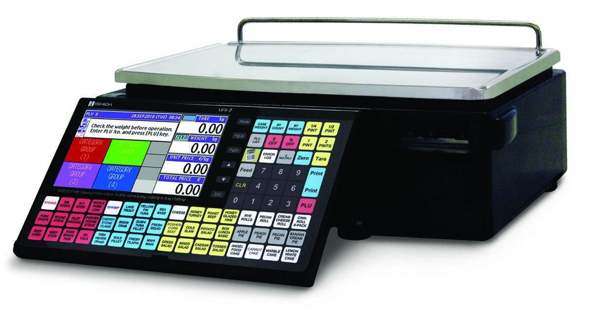 Black and silver digital food scale with a touchscreen display and numerous colorful buttons.