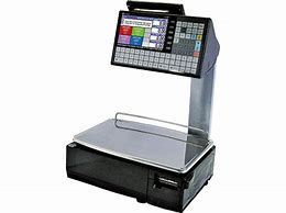 Black digital scale with a touchscreen display for weighing and pricing items.