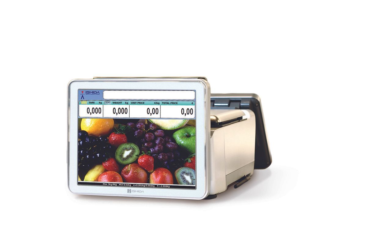 A digital scale with a touch screen displaying fruit, beige casing, and a white background.