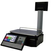 Digital retail scale with a built-in display, keypad, and raised customer-facing screen.