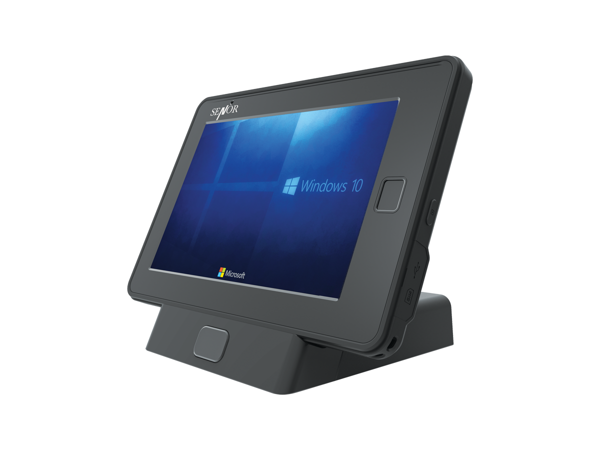 Black tablet displaying Windows 10, docked on a stand, with a fingerprint sensor.