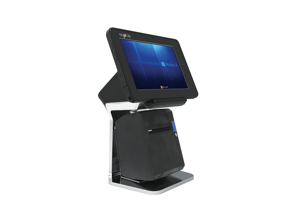 Point-of-sale kiosk with a touchscreen display and receipt printer, likely for ordering or self-checkout.