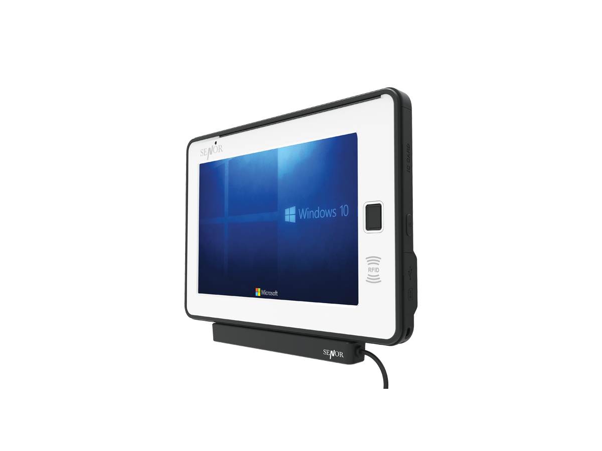 A white and black industrial touchscreen computer displays the Windows 10 logo. The computer is mounted on a stand.