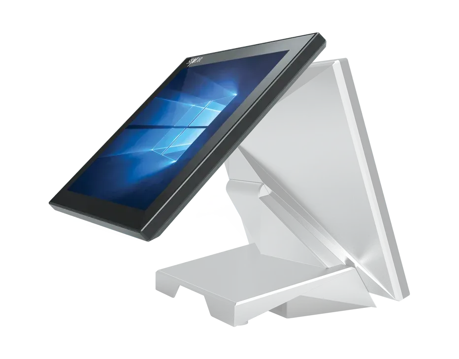 Tablet computer on a white stand, angled up, displaying a Windows screen.
