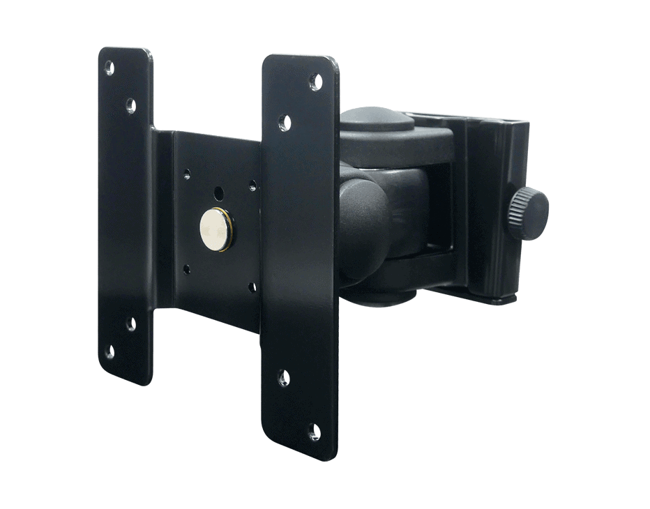 Black metal articulating wall mount for a monitor.