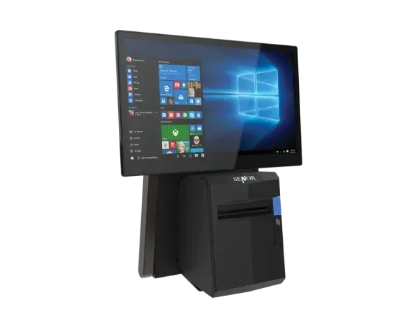 Black point-of-sale system with screen showing Windows interface. A printer is part of the base.