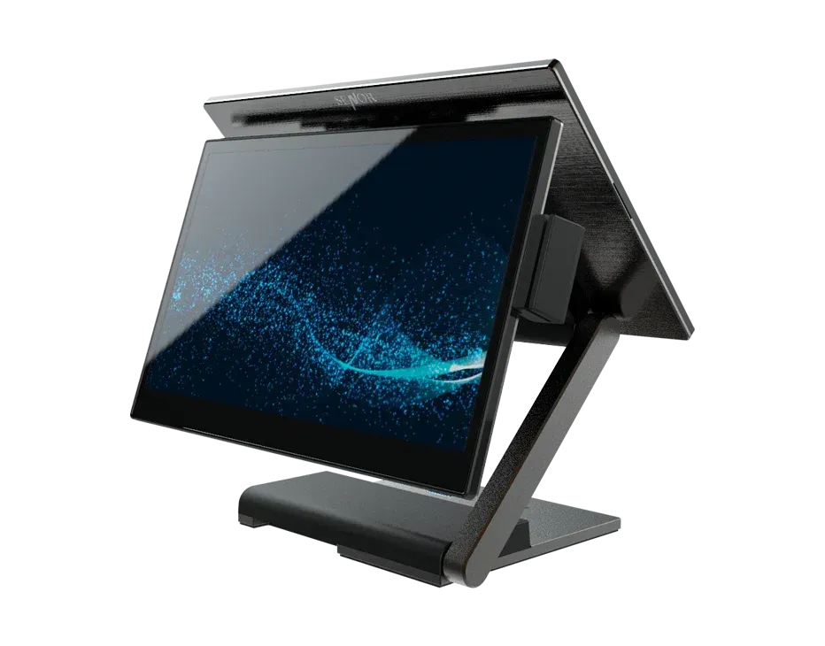 Black angled stand with a dark screen displaying a blue pattern.