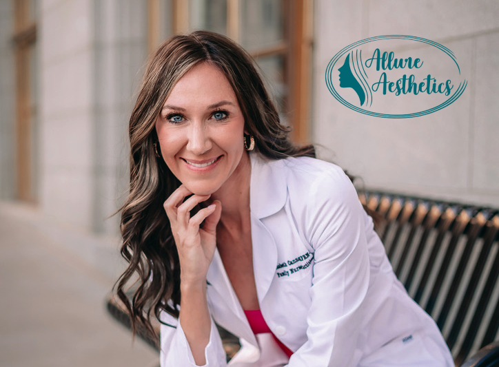 Smiling woman in a white lab coat posing with hand on chin beside the Mave Aesthetics logo