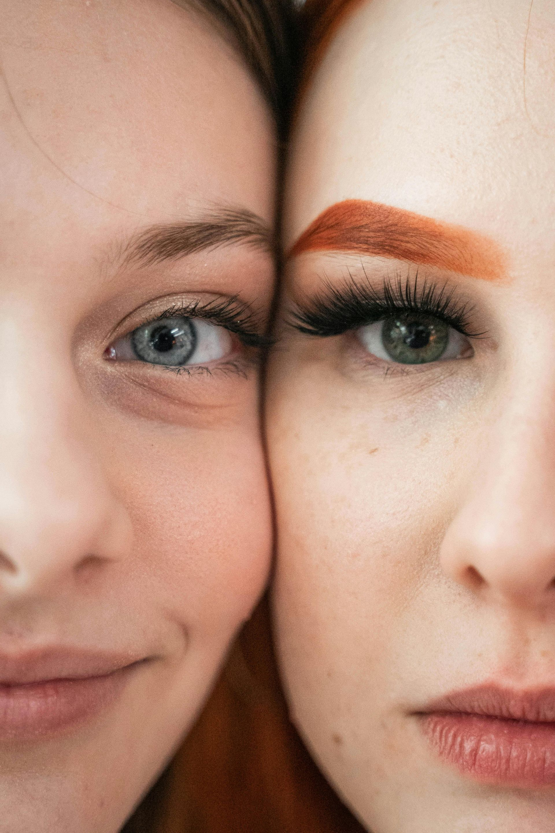 Two women’s faces in close-up, one natural and one with bold orange eyeshadow and dark eyeliner.