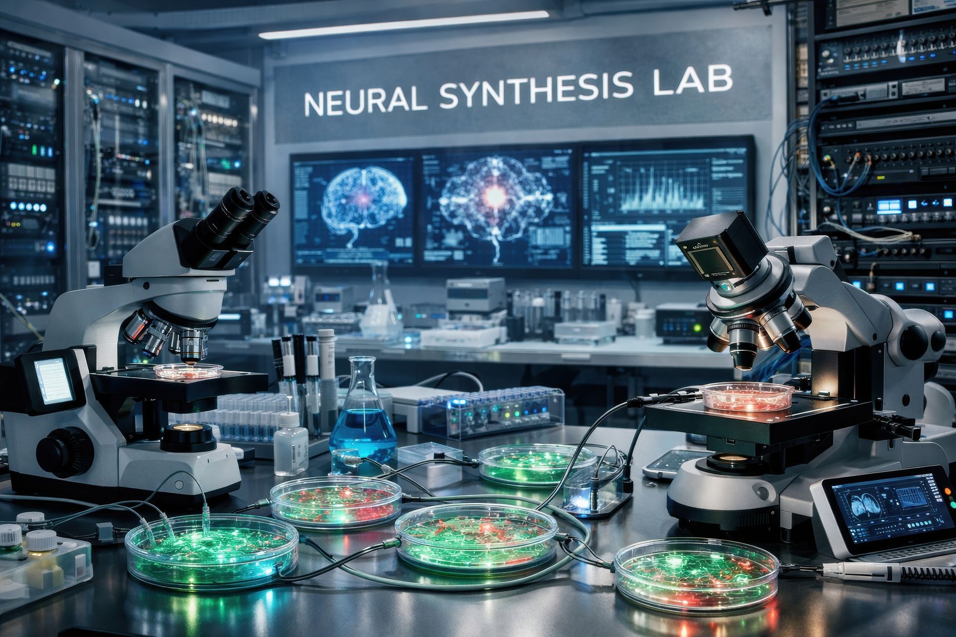 Futuristic neural synthesis lab with robotic microscopes, glowing petri dishes, and computer monitors.