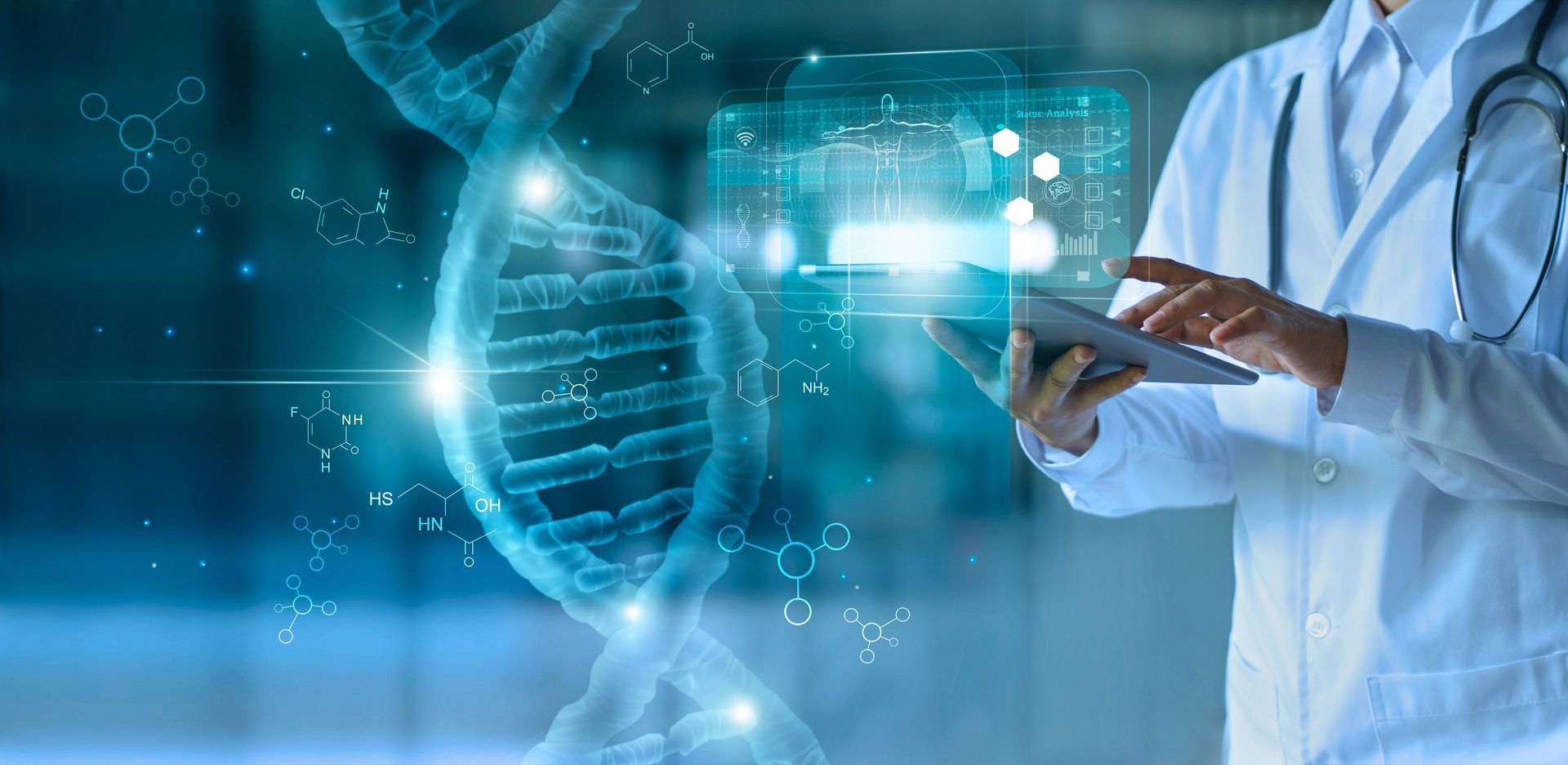 Scientist using a digital tablet beside a glowing DNA helix in a blue biotech lab