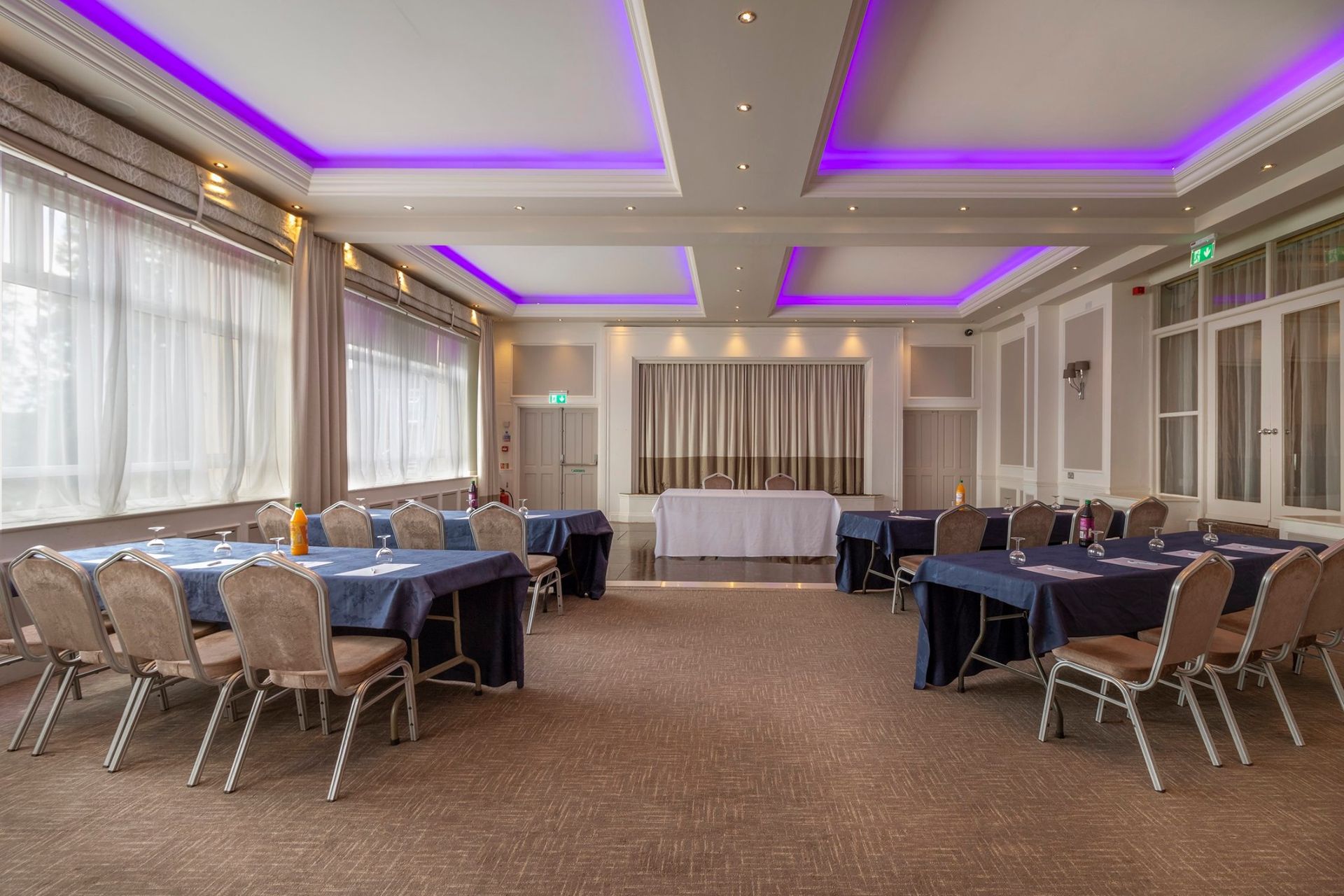 Somerset 1 conference room, Ilminster.
Two thirds of our ballroom separated with internal divide to offer the full benefit of the ballroom to lesser numbers including its own stage.  
