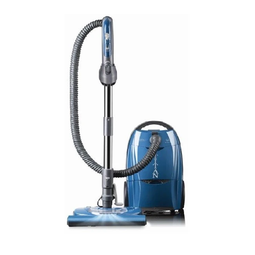 Blue canister vacuum cleaner with hose and wand.
