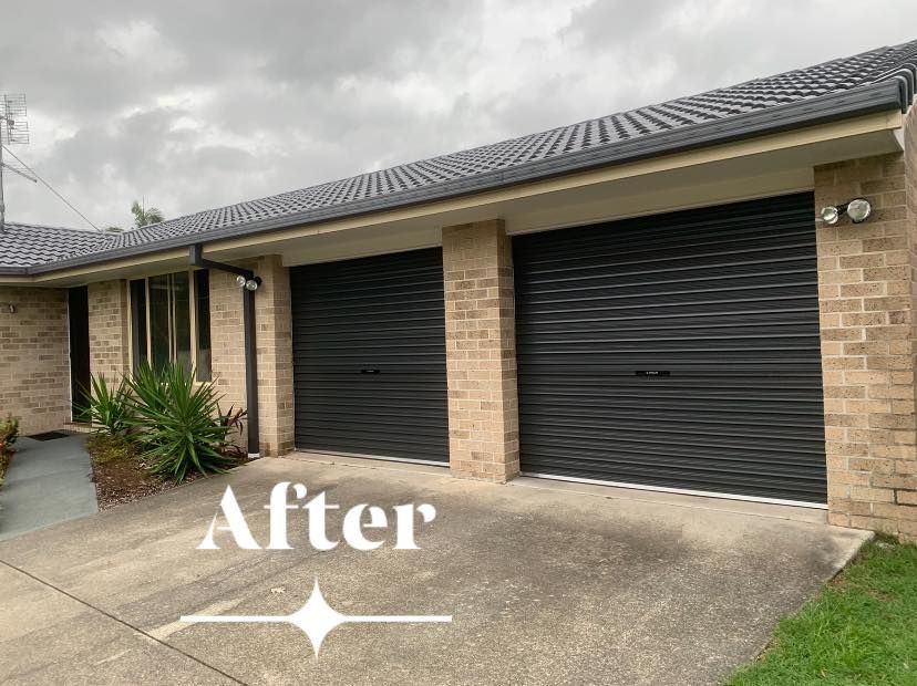 A picture of a house before and after being painted black.