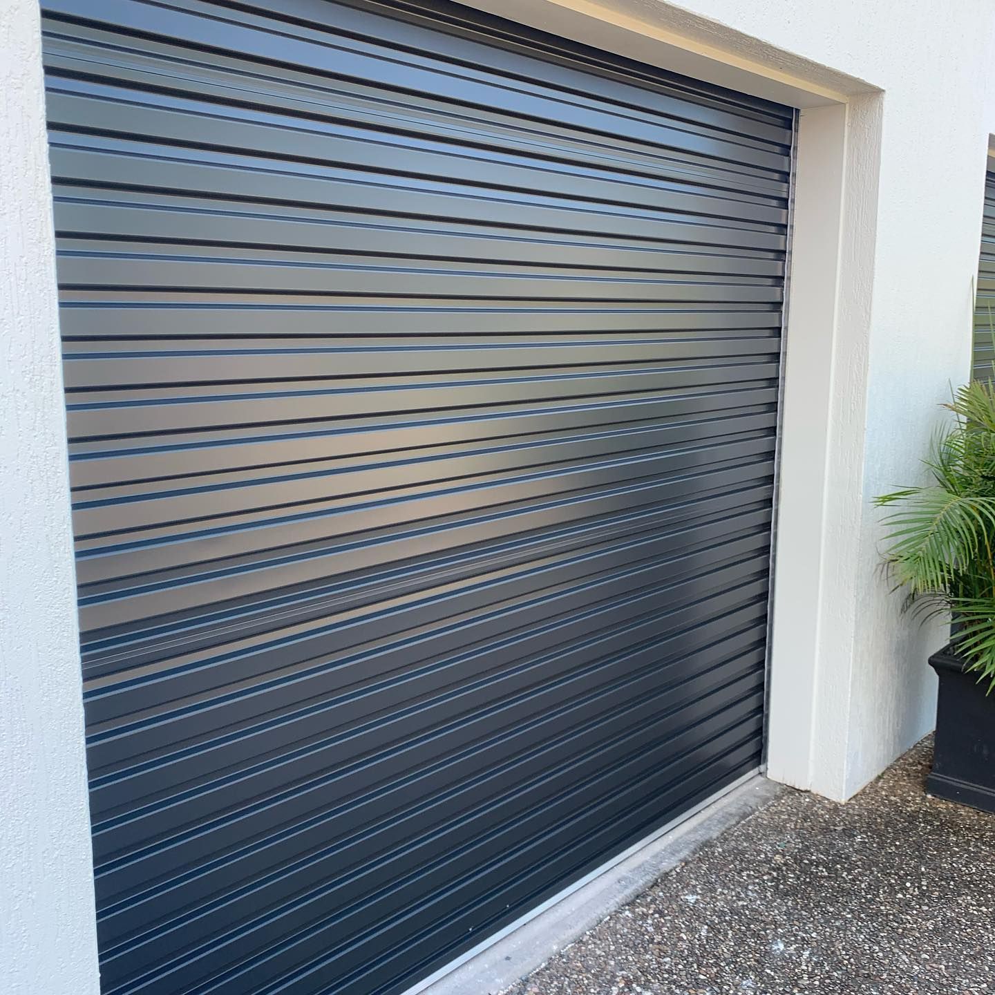 A black garage door is sitting next to a potted plant.