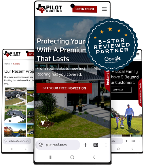 Mobile website design for Pilot Roofing, a Texas roofing company, created by SureThing Media.