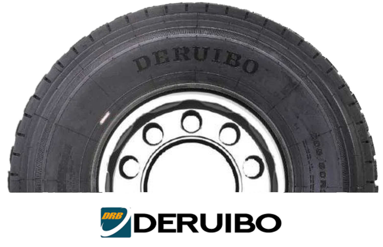 Pneu de caminhão Deruibo preto em uma roda prateada com o logotipo da empresa abaixo.