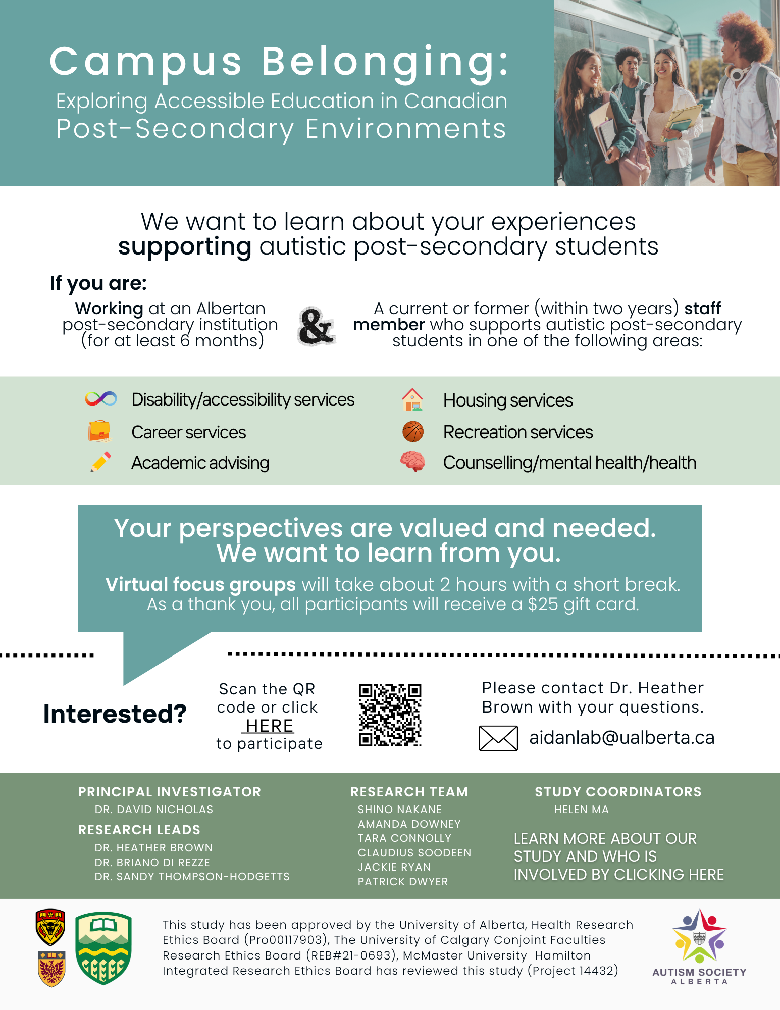 Campus belonging poster with teal and white text, student photo, and contact information for support services