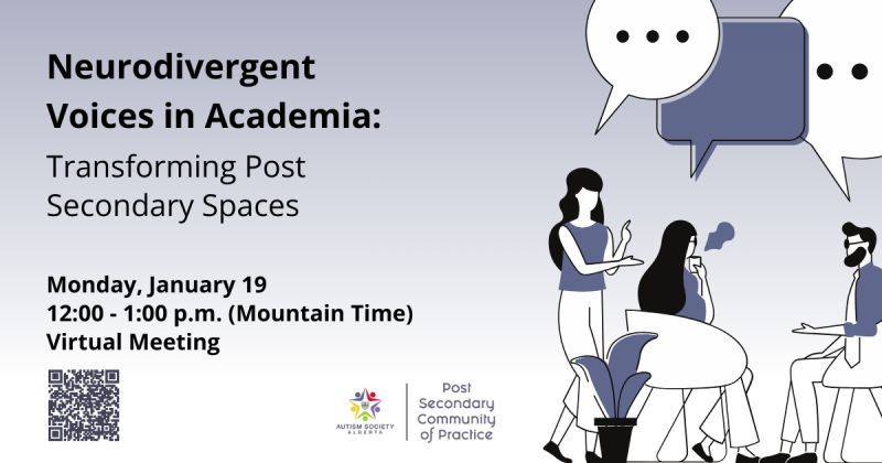 Neurodivergent Voices in Academia poster with speaker illustration and event details on a light background
