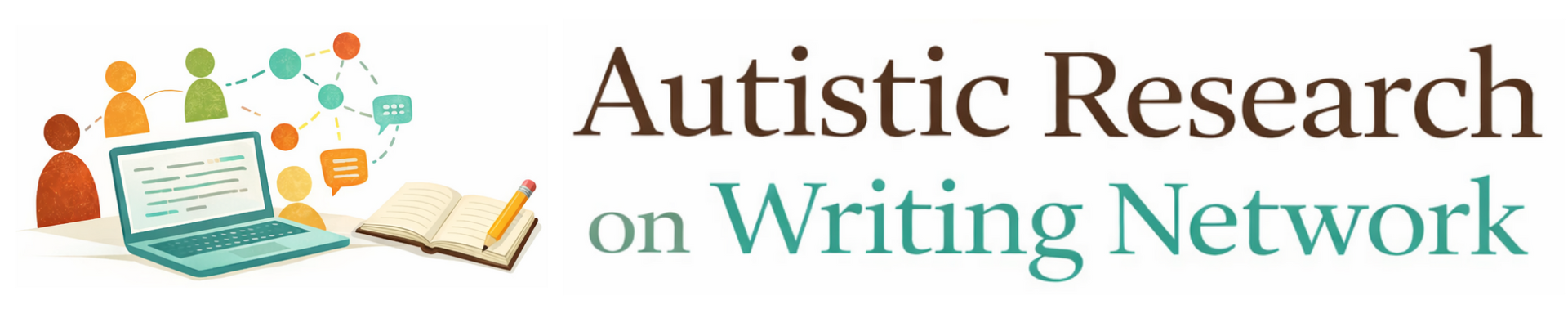Autistic Research on Writing Network logo with teal and brown text beside a laptop and book icons