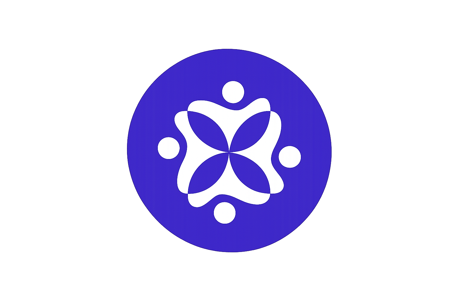 Purple circular logo with white abstract flower and four small dots on a white background
