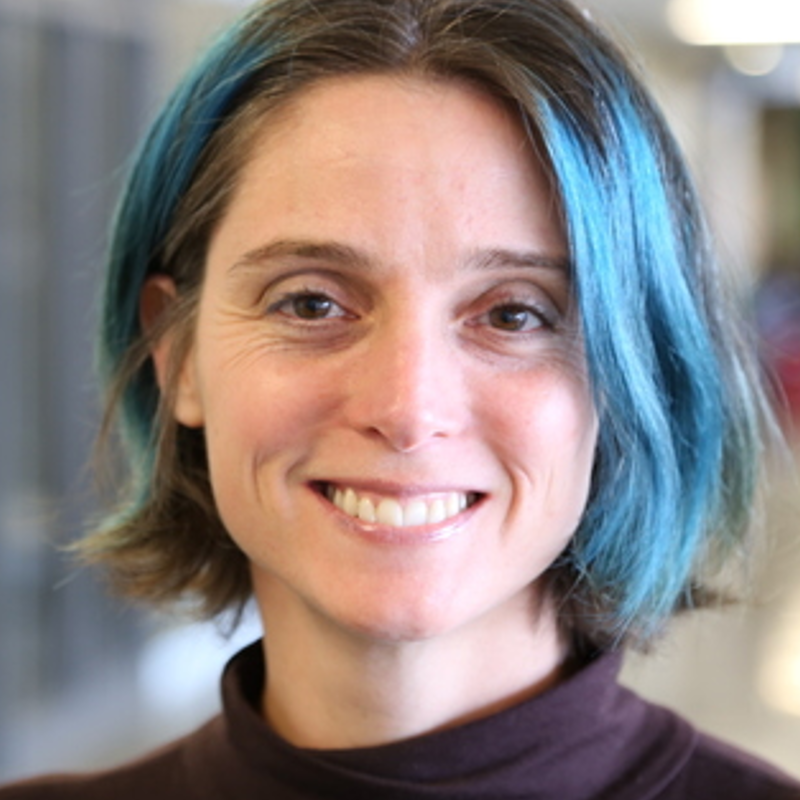 A woman with blue hair is smiling for the camera.