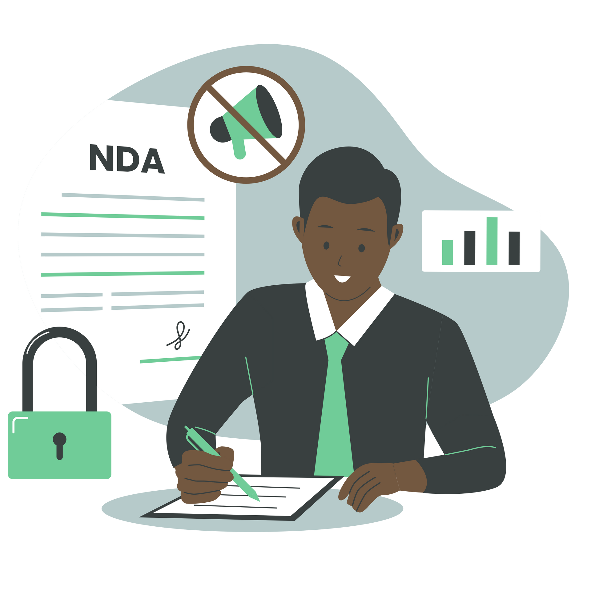Businessperson signing NDA with lock, muted microphone icon, and privacy chart icons nearby