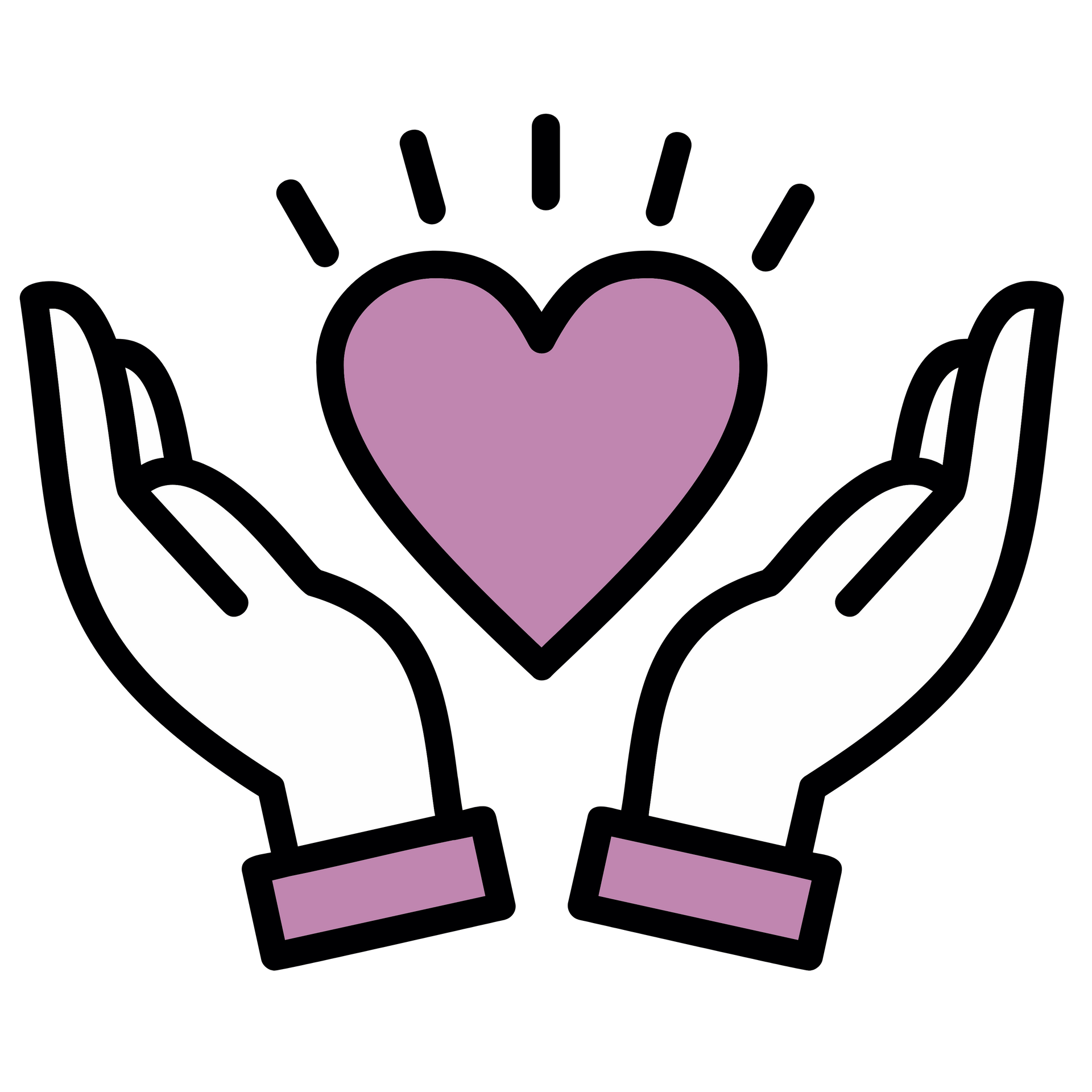 Hands cupping a pink heart with rays above it, symbolizing love and care