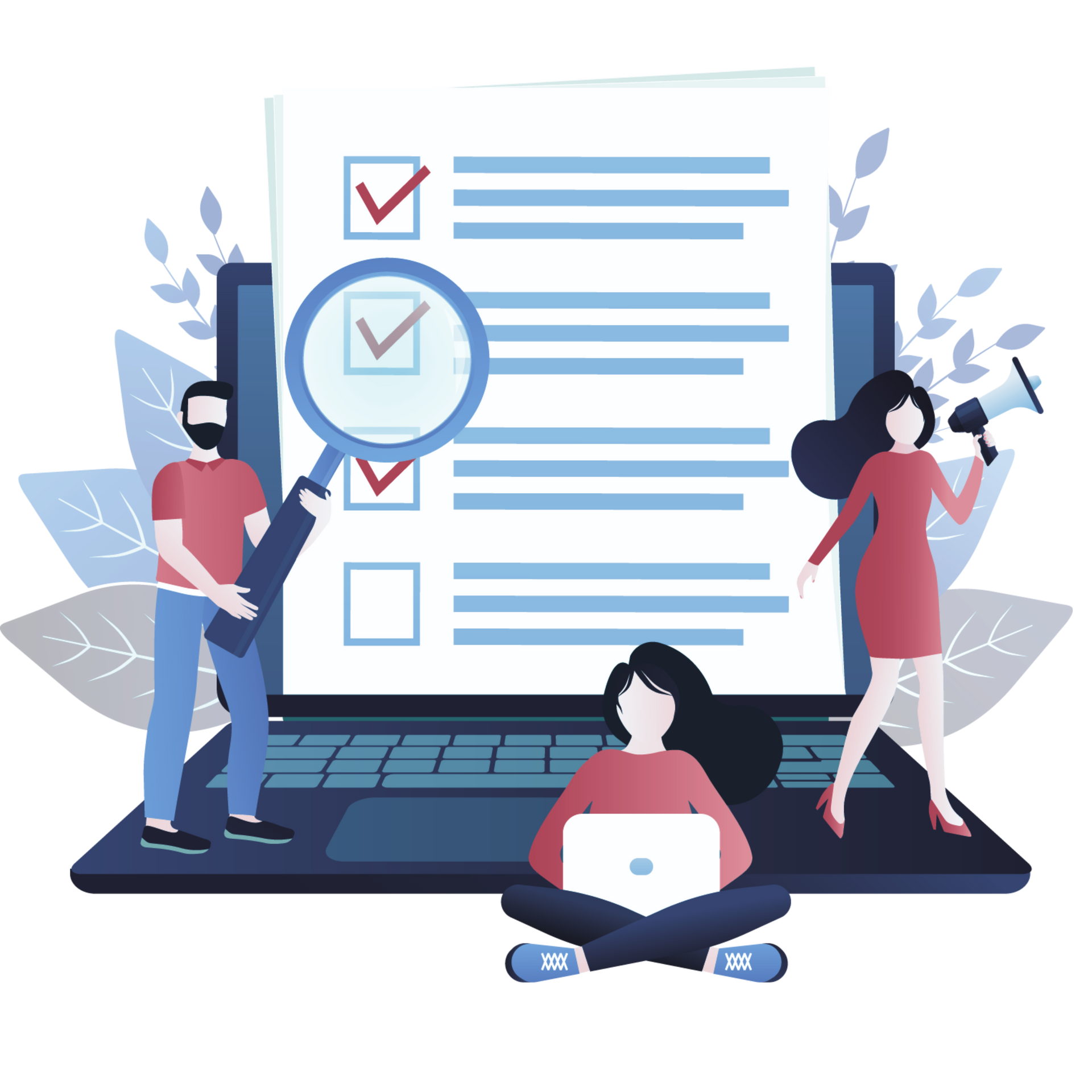 Team checklist illustration with laptop, checklist, magnifying glass, and three people reviewing tasks