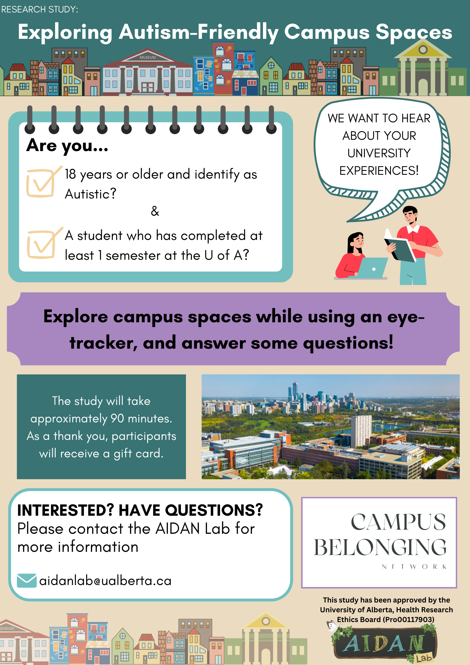 Poster for exploring autism-friendly campus spaces, with checklist, campus map, and contact info.