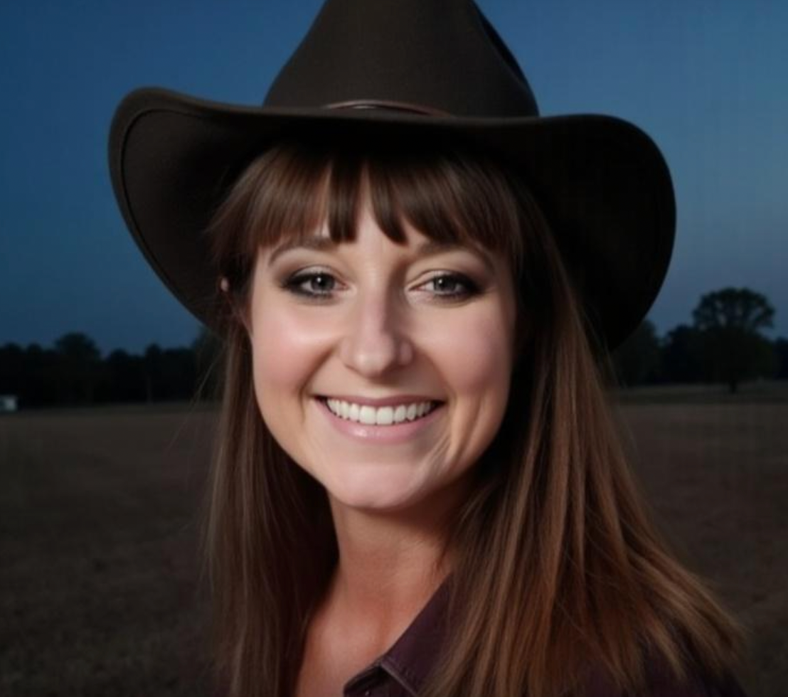 Smiling person in a black cowboy hat against a dusk sky
