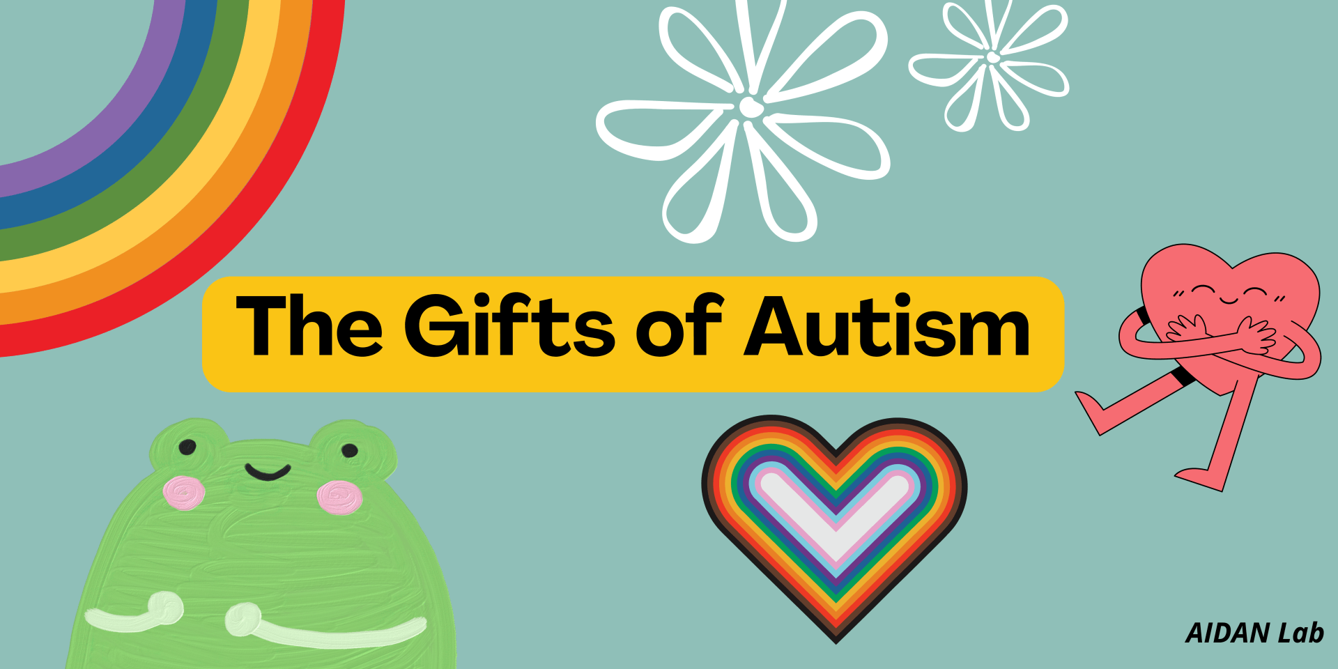 The Gifts of Autism text with rainbow hearts, flowers, and a smiling green frog on a pastel background