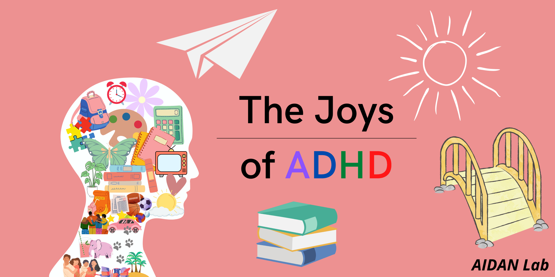 A pink background with a silhouette of a person 's head and the words `` the joys of adhd ''.