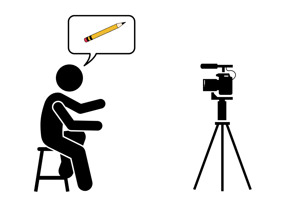 A stick figure is sitting on a stool with a pencil in a speech bubble.